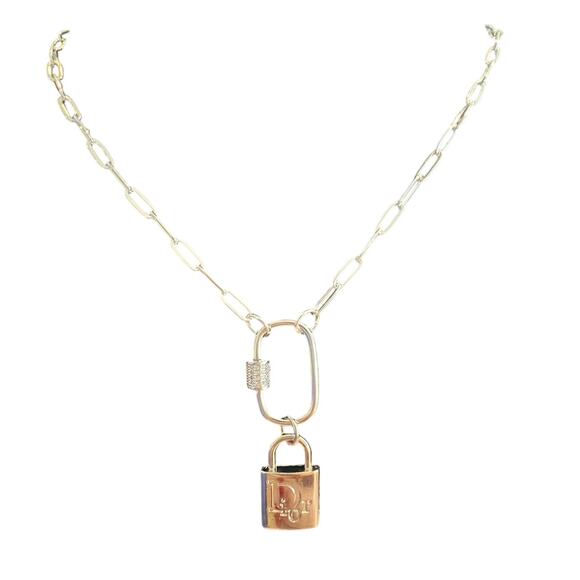 Dior Trotter Silver Lock Pendant with Paper Clip Carabiner Necklace (CDXX030) - Picture 1 of 3